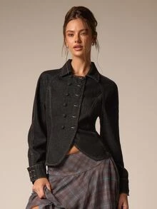 Athîral Denim Women's Fashion Double-Breasted Long Sleeve Denim Jacket - Black - View 3