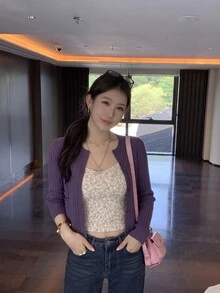 DAZY Flattering Grape Purple Textured Long Sleeve Knit Cardigan Top For Women, Sweet & Spicy Style - Purple - View 3