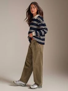 Athîral 女款休閒拼色 Polo 領黑色條紋 T 恤，秋季服飾，辦公休閒，可愛上衣，女款長袖上衣，女款外出上衣 - 寶藍色 - 查看 5