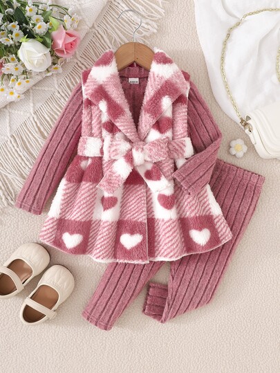 LMoss Kids Baby Girl Knitted Faux Fur Heart Pattern Casual Vest Jacket + Knitted Solid Color Round Neck T-Shirt + Long Pants 3 Pieces Set, Suitable For Autumn And Winter