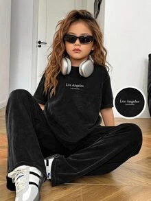 SHEIN 女童字母印花圓領短袖T恤與長褲休閒日常套裝 - 黑色 - 查看 7