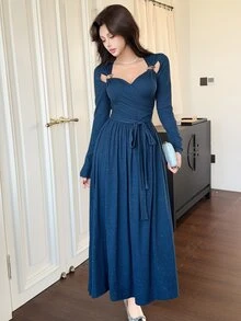 Feyla Metal Decor Hollow Long Sleeve Flared Pink Starry Blue Knit Women's Dress - Blue - View 1