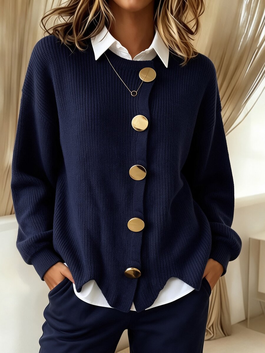 Omancia Autumn/Winter Asymmetrical Hem Metal Single-Breasted Knit Cardigan - Navy Blue - View 1