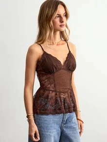 Willow Rêve Dambrunt spetslinne med volangkant, modekamisole - Brun - Visa 7