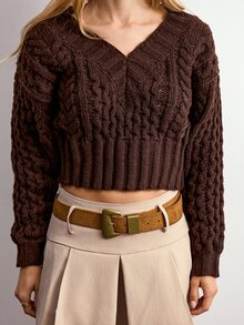 Willow Rêve Women's Brown V-Neck Jacquard Pullover Sweater - Brown - View 4