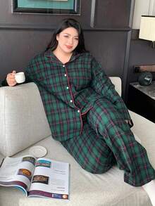 Dazy Plus 大尺碼寬鬆格紋翻領上衣與長褲睡衣套裝，適合四季穿著，冬季衣物 - 墨綠色 - 查看 6