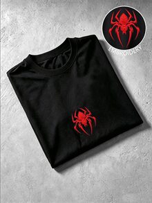 Manfinity Roghcode 男士大尺碼蜘蛛刺繡圖案休閒日常短袖T恤，哥德風 - 黑色 - 查看 6
