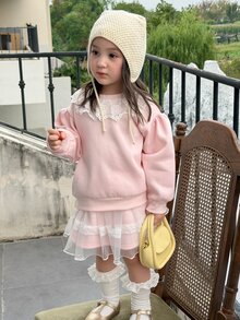 DAZY Infant/Toddler (Girl) Round Neck Lace Ruffle Trim Long Sleeve Comfortable Casual Sweatshirt Set, Autumn/Winter - Baby Pink - View 7