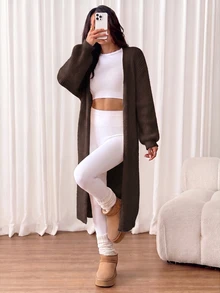SHEIN PETITE 女款保暖開襟衫，適合秋冬外出與日常旅行，米色休閒風 - 巧克力棕 - 查看 3