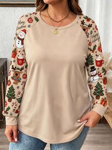 Mellowie Christmas Santa Claus Christmas Tree Print Plus Size Women Casual Raglan Sleeve Crew Neck Loose Fit T-Shirt Suitable For Spring And Autumn, Party Fall - Multicolor - View 5
