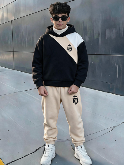 SHEIN 2pcs/Set Teen Boys' Color Block Sweatshirt And Pants Set, Casual, Comfortable, Fashionable, Versatile, Soft Fabric, Suitable For Daily Wear, School