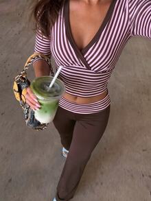 FavEase 1pc Women's Fitted Striped 7/8 Sleeve Long Pants Sports Two-Piece Set - Multicolor - View 3