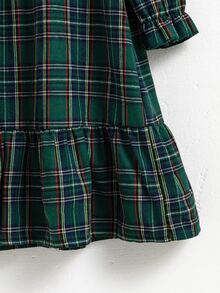 女童青少年秋季寬鬆長袖格紋荷葉邊娃娃洋裝，復古校服風優雅刺繡波浪蕾絲領休閒可愛罩衫裙，學校綠 - 彩色 - 查看 5