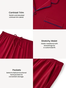 LUVLETTE Plus Size  Soft 100% Pure Cotton Red Basic Long Sleeve Button-Up Top & Pants Pajama Sets For Men Lounge With Pockets Pajamas Christmas & New Years - Red - View 3