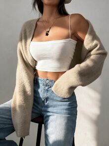 SHEIN EZwear 女款毛茸茸純色簡約休閒開襟衫，長袖上衣，秋冬日常杏色 - 杏色 - 查看 4