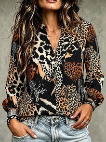 EMERY ROSE Plus Size Lace Patchwork V-Neck Contrast Color Bamboo Fabric Casual Daily Women's Shirt, Autumn/Winter - Multicolor - View 1