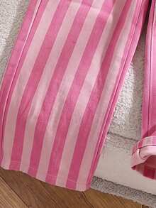 SHEIN Playful Pals Girls' Denim Jeans, All-Season New Style, Cute Vintage Pink Denim, Elastic Waistband Design, Pink And Magenta Colorblock Striped All-Over Print, Straight Leg Wide Leg Fit, Fashionable Versatile, Soft And Comfortable Fabric, Suitable For Daily Wear, Gatherings And Other Occasions, All-Season New Girls' Denim Jeans - Pink - View 6