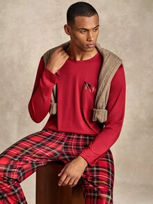 EverLounge Men's Plaid Pocket Top And Pants Loungewear Set - Red - View 1