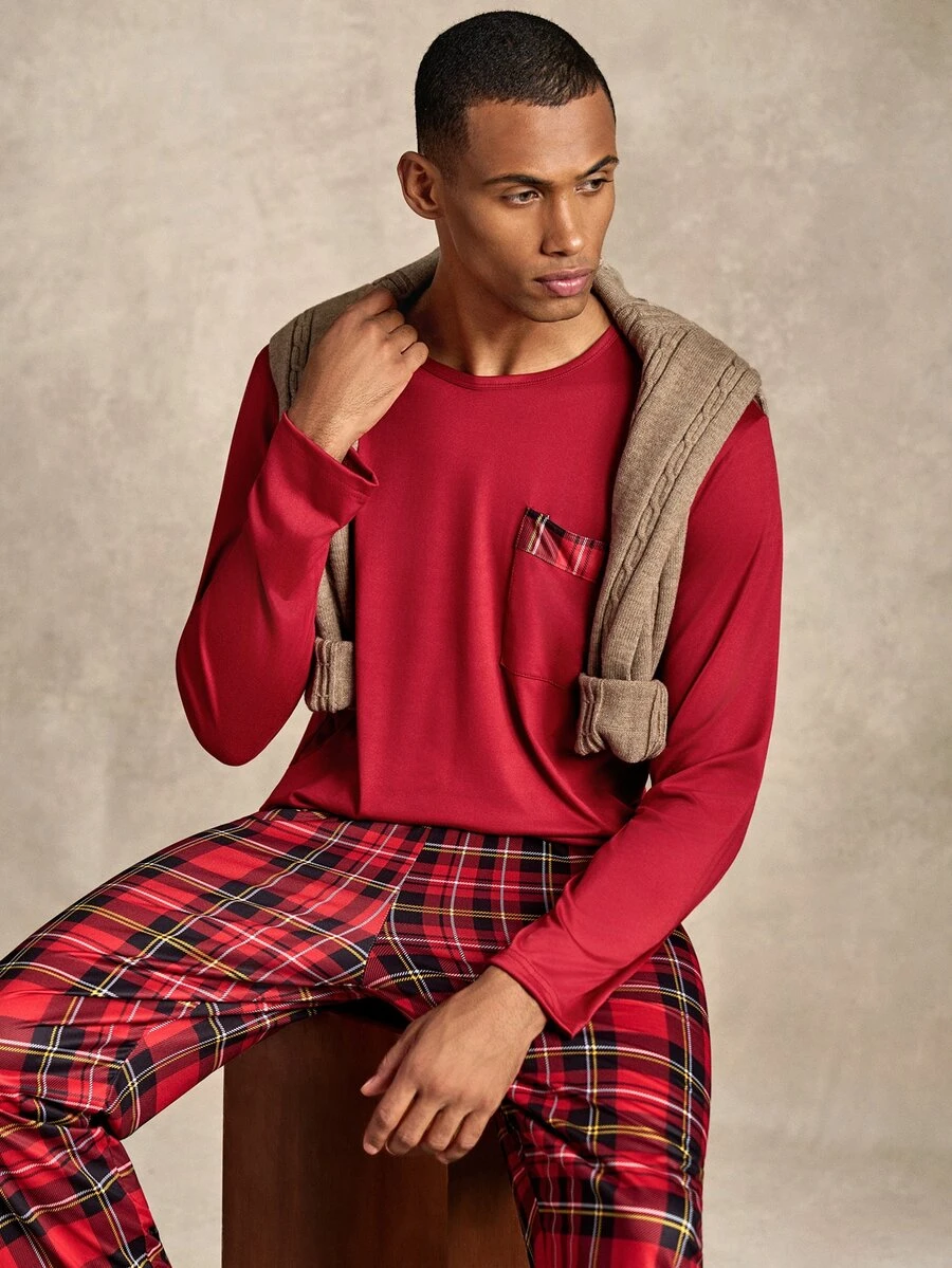 EverLounge Men's Plaid Pocket Top And Pants Loungewear Set - Red - View 1