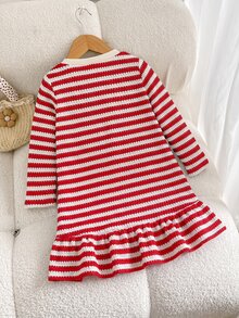 SHEIN 女童圓領咖啡色與白色條紋拼接3D花朵休閒度假旅行長袖洋裝 秋季長袖上衣 - 紅色 - 查看 2