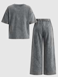 SHEIN 少女字母印花圓領短袖T恤與長褲休閒日常套裝 - 灰色 - 查看 2