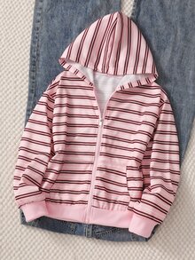 SHEIN 女童條紋連帽拉鍊外套，春秋新款寬鬆落肩長袖運動衫，粉色與棕色對比橫條紋設計，袋鼠口袋配羅紋下擺與袖口，柔軟親膚面料，休閒日常百搭，適合中大女童校園、旅行、戶外穿著的運動上衣 - 粉色 - 查看 2