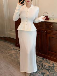 DAZY Women's Sweet Button Long Sleeve Sweater And Knitted Skirt 2 Pieces Set - White - View 4