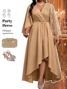 Fleurora Plus Size Women's Embroidered Mesh Flare Sleeve Elegant High-Low Hem Dress - Khaki - View 5