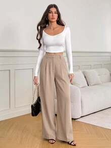 SHEIN Tall 女款黑色高腰寬腿長褲，優雅商務休閒上班西裝褲，高挑百搭純色秋冬老錢風正裝褲 - 駝色 - 查看 10