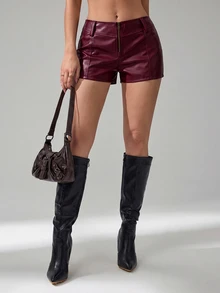 SHEIN Tall 女款性感拉鍊PU材質時尚短褲 - 酒紅色 - 查看 6
