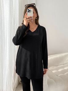 Shapeblank 女款大尺碼黑色長袖V領T恤，時尚休閒寬鬆版型，彈性保暖舒適，適合秋冬穿搭外出上衣 - 黑色 - 查看 6