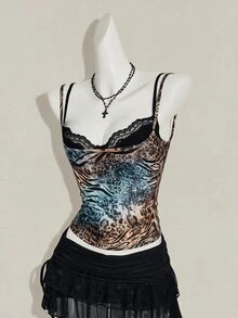 SHEIN ICON 女款豹紋透視細肩帶上衣搭配黑色蕾絲內衣 2件組 - 彩色 - 查看 12