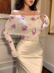 DAZY Women's Off-Shoulder Floral Decor Pullover Vacation Style Sweater - White - View 4