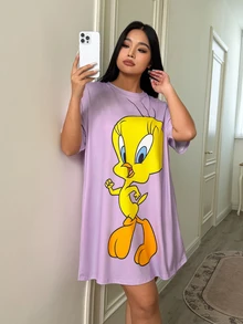 LOONEY TUNES X SHEIN 大尺碼可愛卡通印花短袖睡裙 - 紫色 - 查看 4