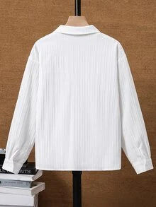 SHEIN 兒童青少年男孩休閒舒適白色長袖襯衫，翻領鈕扣開襟寬鬆基本款，適合學校、日常穿著、休閒、大學、旅行、運動，適用秋冬季 - 白色 - 查看 3