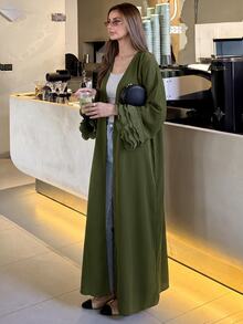 Yasmyna Olive Green Wavy Lace Patchwork Headscarf Long Sleeve Women's Abaya Fall/Winter Going Out - Olive Green - View 3