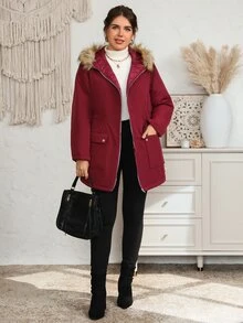 EMERY ROSE Plus Size Women's Winter Casual Fur Collar Solid Color Padded Coat - Red Violet - View 6