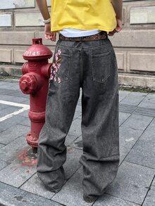 Manfinity EMRG 男士街頭風極簡百搭刺繡梅花設計直筒寬腿牛仔褲 - 灰色 - 查看 6