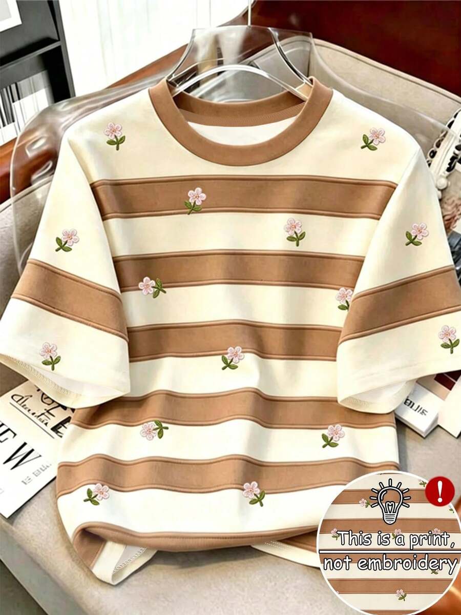 SHEIN 青少年女孩甜美休閒圓領短袖T恤,藍白條紋仿刺繡效果愛心與花卉印花T恤 - 彩色 - 查看 1