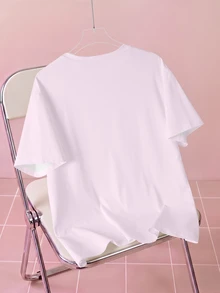 THE POWERPUFF GIRLS X SHEIN Áo thun nữ size lớn cổ tròn tay ngắn in chữ và hoạt hình phong cách thường ngày - trắng - Xem 2