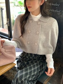 DAZY Women's Solid Color Double-Breasted Casual Versatile Everyday Sweater - Grey - View 3