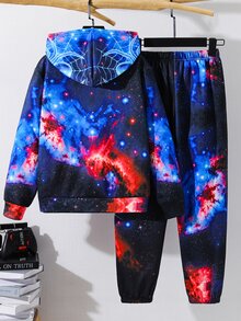 兒童青少年男孩休閒運動星空蜘蛛圖案連帽衛衣與運動長褲套裝，適合秋冬、學校、家庭聚會、返校季，男孩套裝 - 彩色 - 查看 4