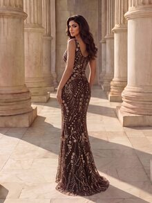 Coutiva V-Neck Sleeveless Heavily Embellished Full-Beaded Fitted Mermaid Tail Long Dress - Brown - View 2