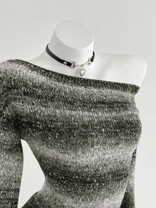 Elamini 女款黑色秋冬獨特不對稱肩色塊條紋金屬線收腰喇叭袖針織毛衣，1件 - 軍綠色 - 查看 3