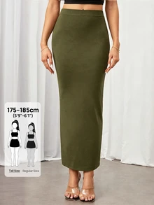 SHEIN Tall 純色鉛筆裙黑色緊身裙，適合高個女性 - 軍綠色 - 查看 10