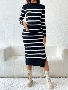 SHEIN Maternity Striped Print Casual Long Sleeve Sweater Dress, For Winter - Royal Blue - View 5