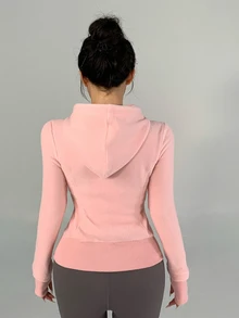 DAZY Women's Letter Embroidered Zipper Front Drawstring Hooded Sports Jacket - Pink - View 6