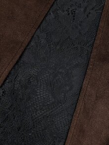 SHEIN PariChic Vintage Suede High Waist Front Slit Lace Patchwork Bodycon Mid-Length Straight Skirt For Women - Brown - View 4
