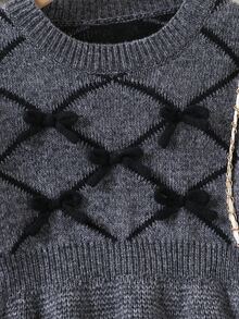 SHEIN 1件女童針織毛衣洋裝，簡約百搭圓領拼接菱格紋理，收腰A字百褶下擺，3D蝴蝶結裝飾，可愛甜美學院風，適中厚度，整齊下擺，緊口袖口，柔軟親膚套頭穿著，可單穿，適合日常、街頭、校園、外出，秋冬款 - 灰色 - 查看 6
