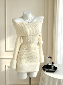 Elamini Women's Autumn/Winter Off-Shoulder Pom Pom Knit Top & Bodycon Fuzzy Patchwork Skirt - Apricot - View 7